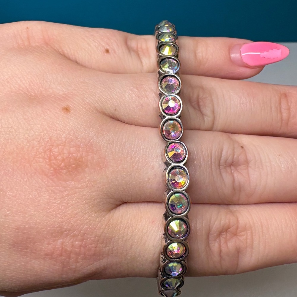 Vintage Silver Tone Aurora Borealis AB Crystal Stretch‎ Tennis Bracelet